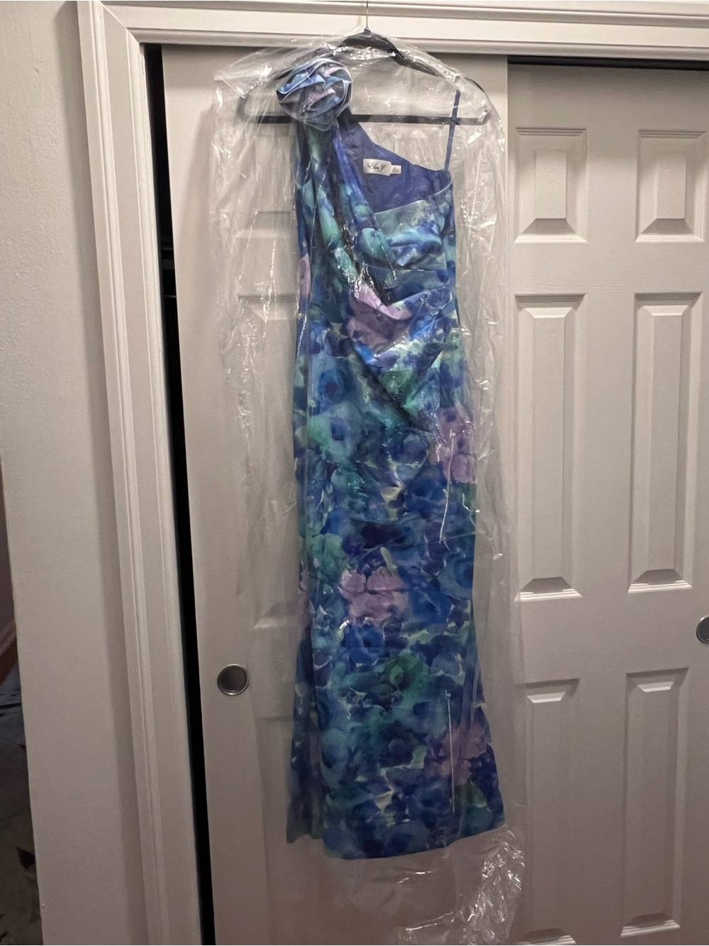 Eliza J One-Shoulder Floral Evening Gown in Blue and Purple